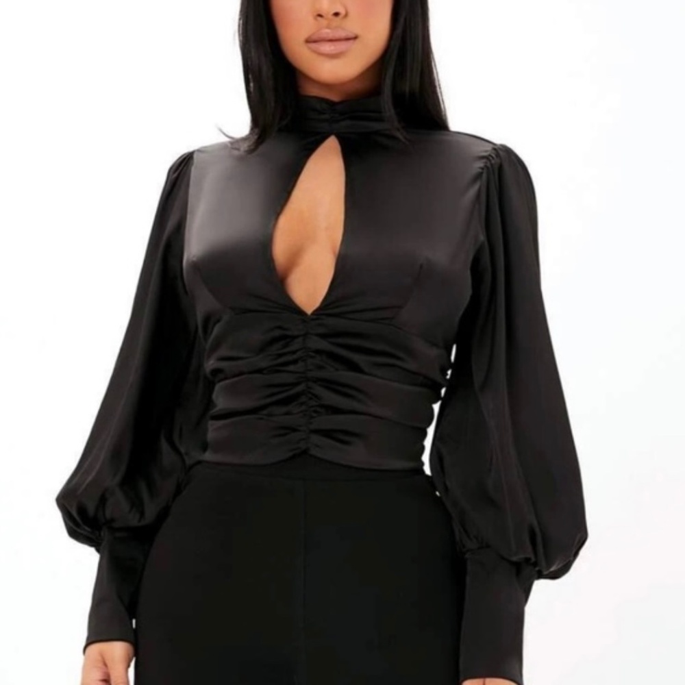 CBR Satin Backless Keyhole Long Sleeve Top